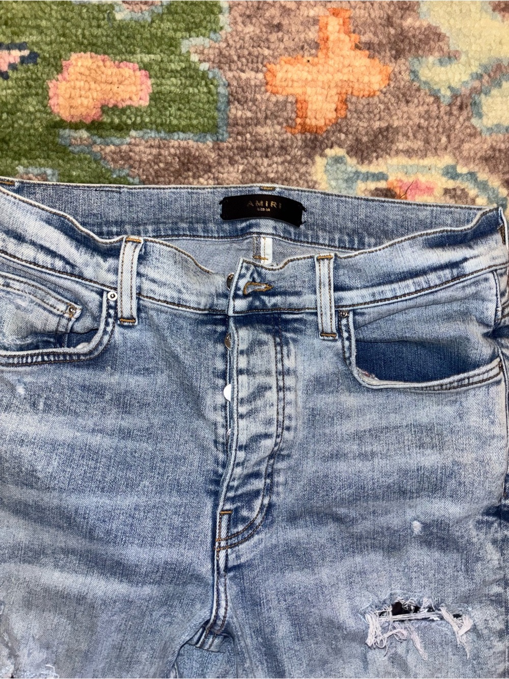 AMIRI Light Blue Distressed Skinny Jeans with Multicolor Bandana Patchwork - Picture 2 of 5